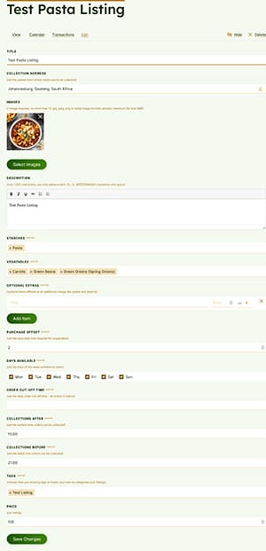 Chef Manage/Edit/Update Listing Page